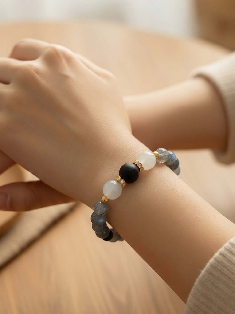 Hand Crafted Labradorite, Black and White Bead Bracelet